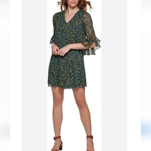 Calvin Klein Malachite Green Floral Ruffle Sleeve Chiffon Crepe Shift Dress 2p